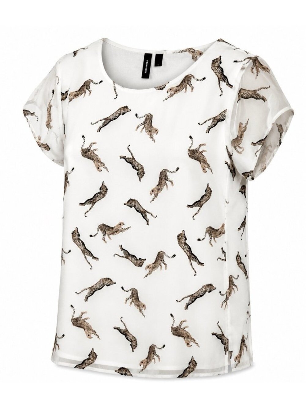 Vero Moda Cheetah Print Blouse Womens L White Chiffon Lined Short Sleeve Top